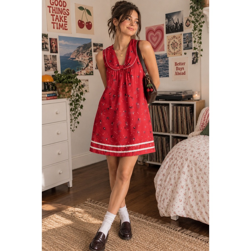 EK Jam Factory Eley Kishimoto Red Silk Bird Print Peter Pan Collar Dress Small